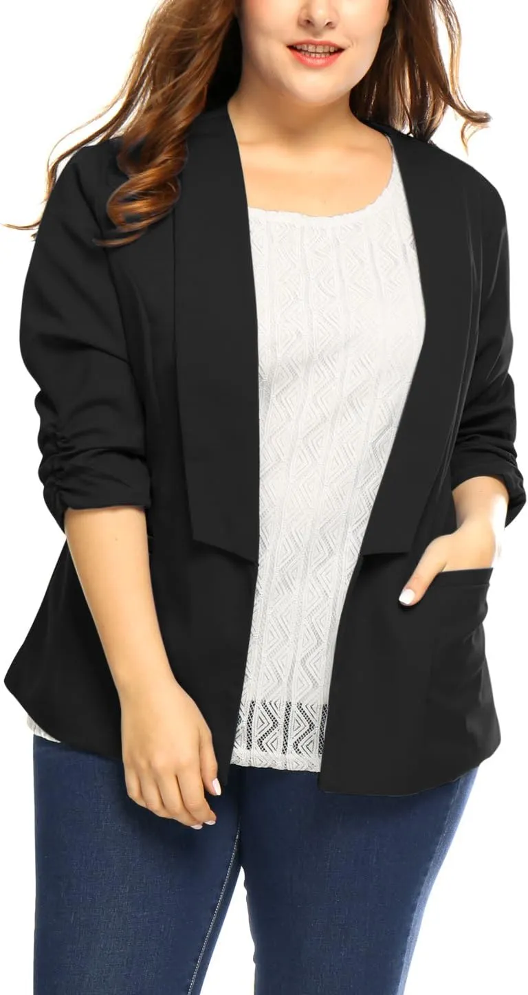 uxcell Women's Plus Size Blazers Shawl Collar Open Front 3/4 Ruched Sleeve Work Office Lightweight Blazers
