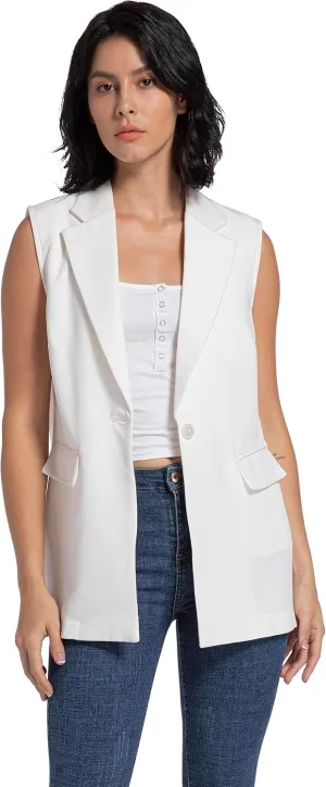 V VOCNI Long Vest for Women Sleeveless Blazer Jacket Open Front Button Lapel Duster Trench Cardigan