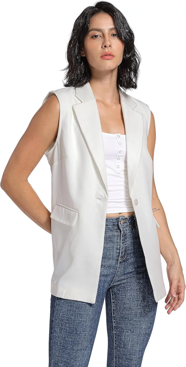 V VOCNI Long Vest for Women Sleeveless Blazer Jacket Open Front Button Lapel Duster Trench Cardigan
