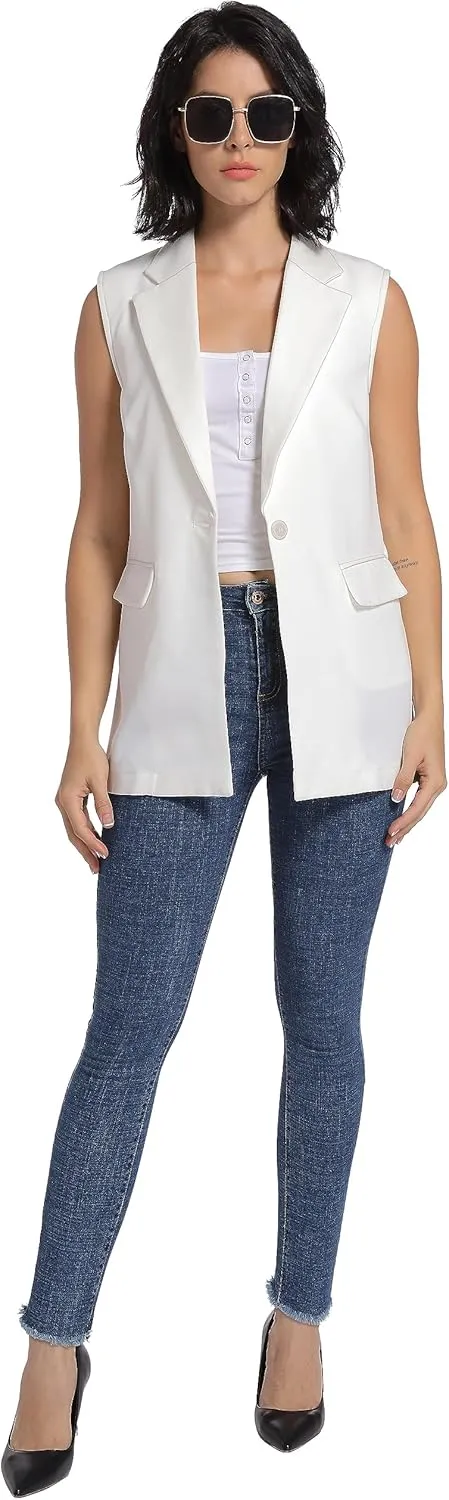 V VOCNI Long Vest for Women Sleeveless Blazer Jacket Open Front Button Lapel Duster Trench Cardigan