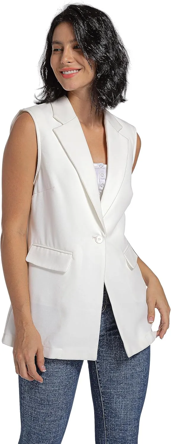 V VOCNI Long Vest for Women Sleeveless Blazer Jacket Open Front Button Lapel Duster Trench Cardigan