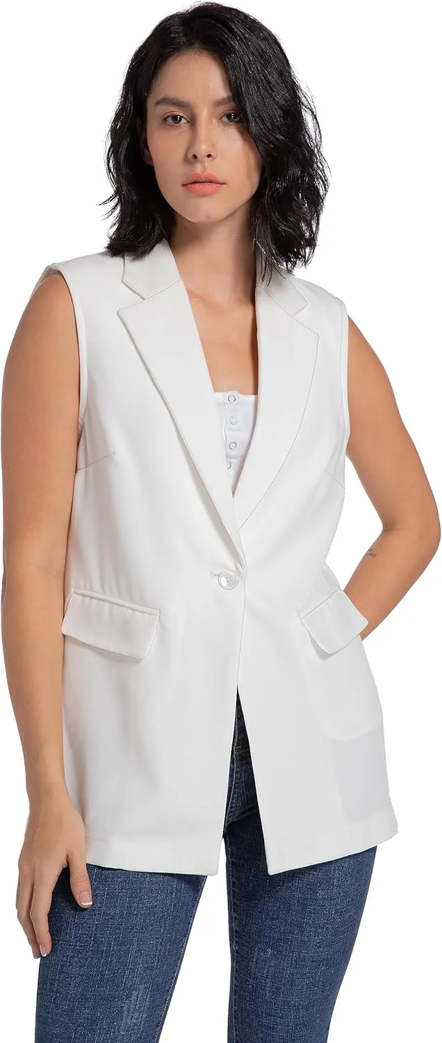 V VOCNI Long Vest for Women Sleeveless Blazer Jacket Open Front Button Lapel Duster Trench Cardigan