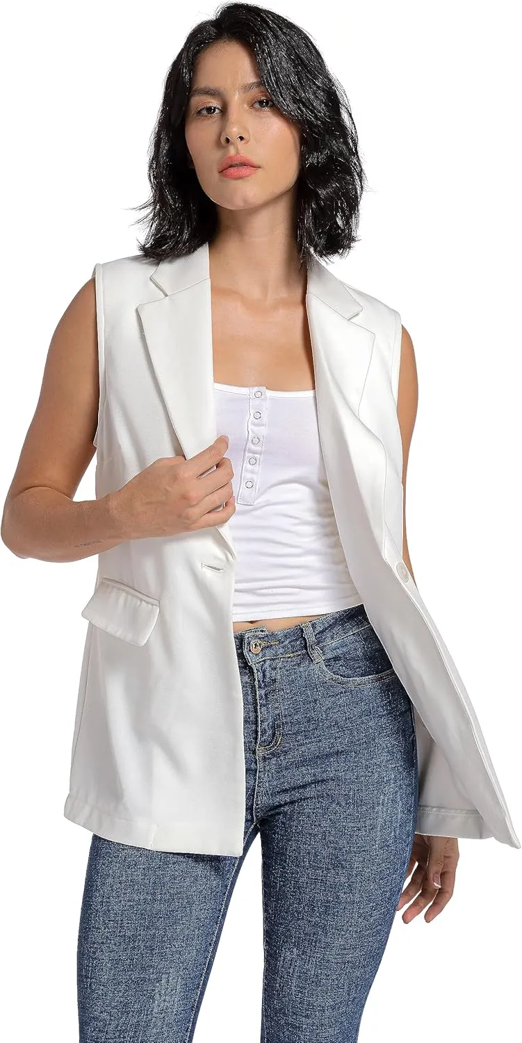 V VOCNI Long Vest for Women Sleeveless Blazer Jacket Open Front Button Lapel Duster Trench Cardigan