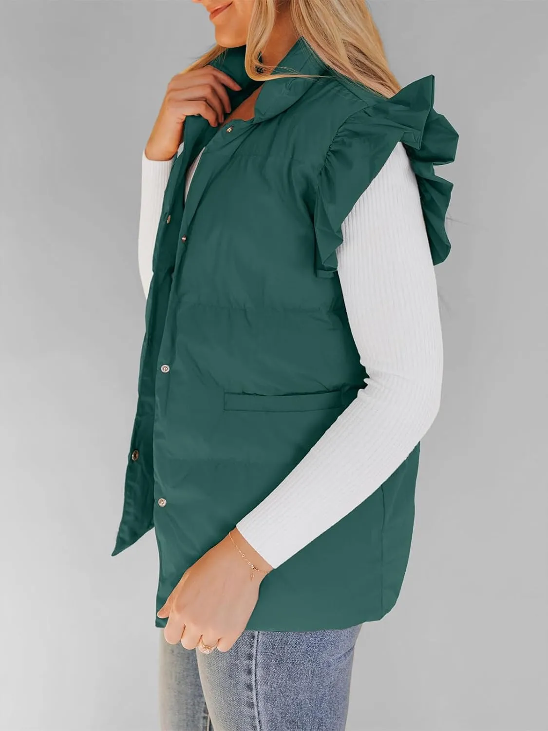 Valphsio Women's Puffer Vests Ruffle Sleeve Winter Button Down Padded Gilet with Pockets