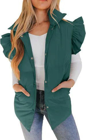 Valphsio Women's Puffer Vests Ruffle Sleeve Winter Button Down Padded Gilet with Pockets
