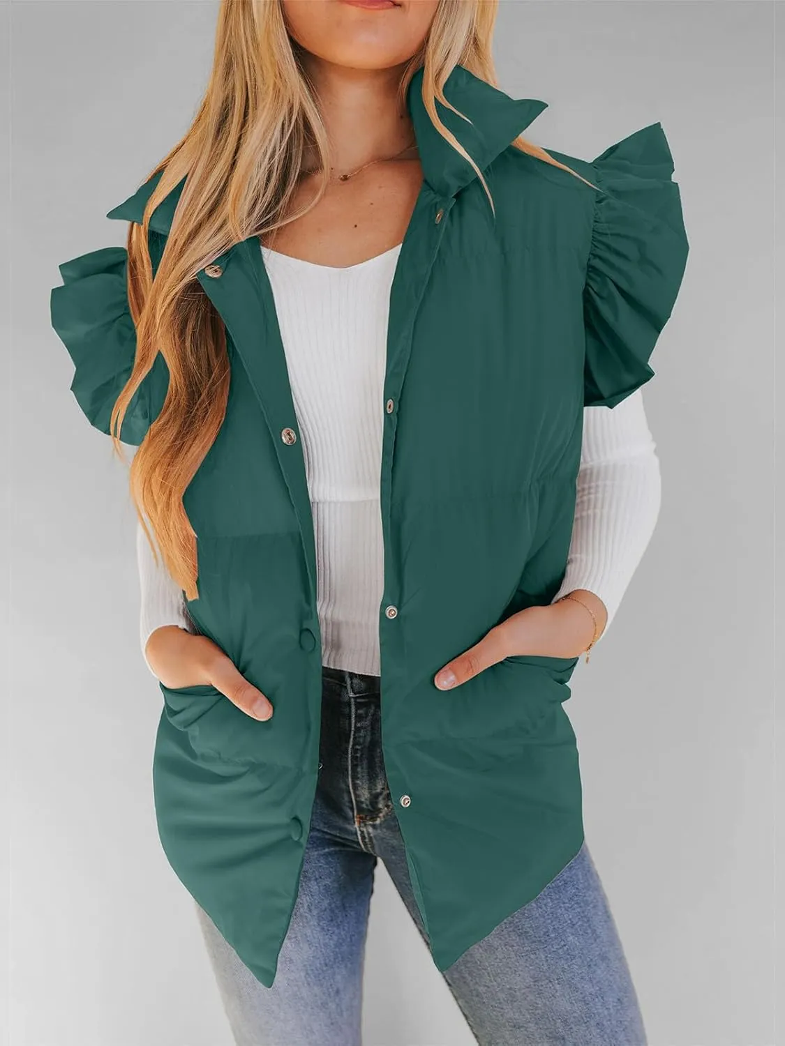 Valphsio Women's Puffer Vests Ruffle Sleeve Winter Button Down Padded Gilet with Pockets