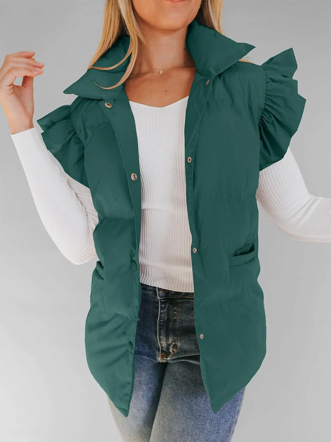Valphsio Women's Puffer Vests Ruffle Sleeve Winter Button Down Padded Gilet with Pockets