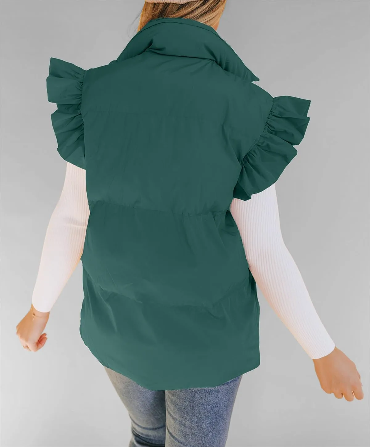 Valphsio Women's Puffer Vests Ruffle Sleeve Winter Button Down Padded Gilet with Pockets