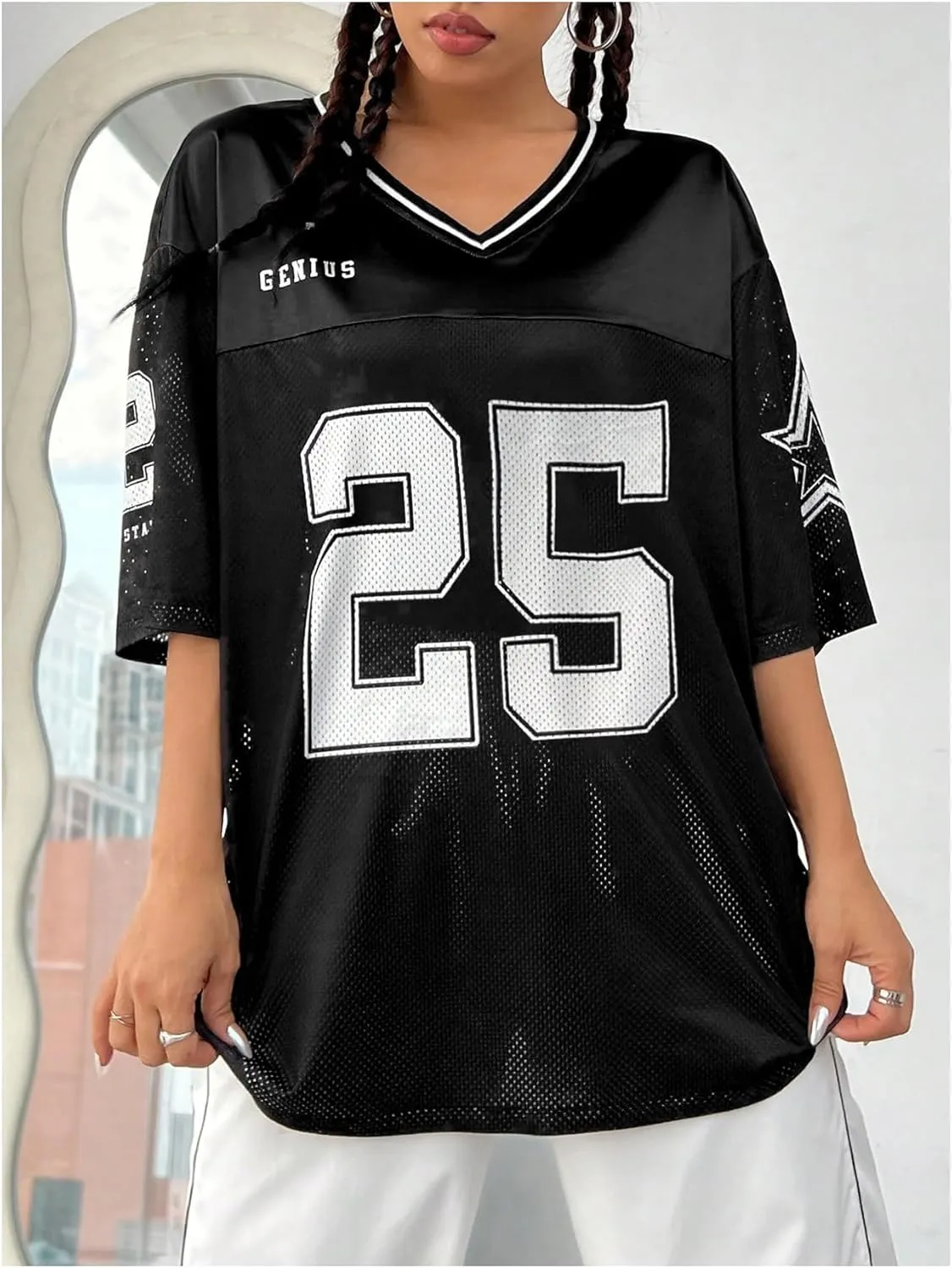 Verdusa Women's Jersey Shirts Graphic Tees Oversized Streetwear Letter Print T Shirt V Neck Tee Top