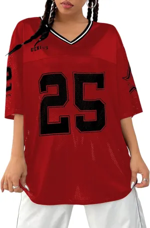 Verdusa Women's Jersey Shirts Graphic Tees Oversized Streetwear Letter Print T Shirt V Neck Tee Top