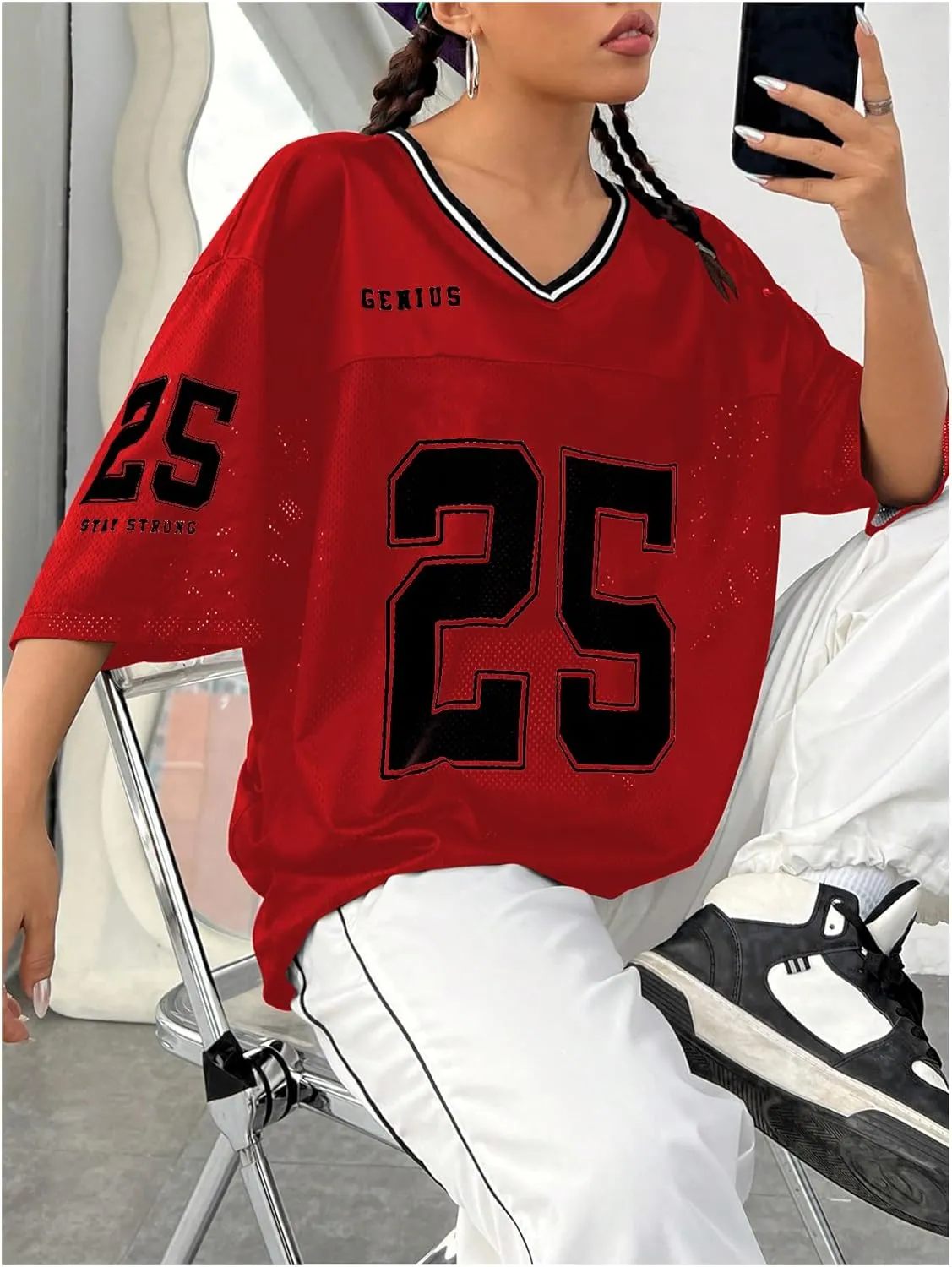 Verdusa Women's Jersey Shirts Graphic Tees Oversized Streetwear Letter Print T Shirt V Neck Tee Top
