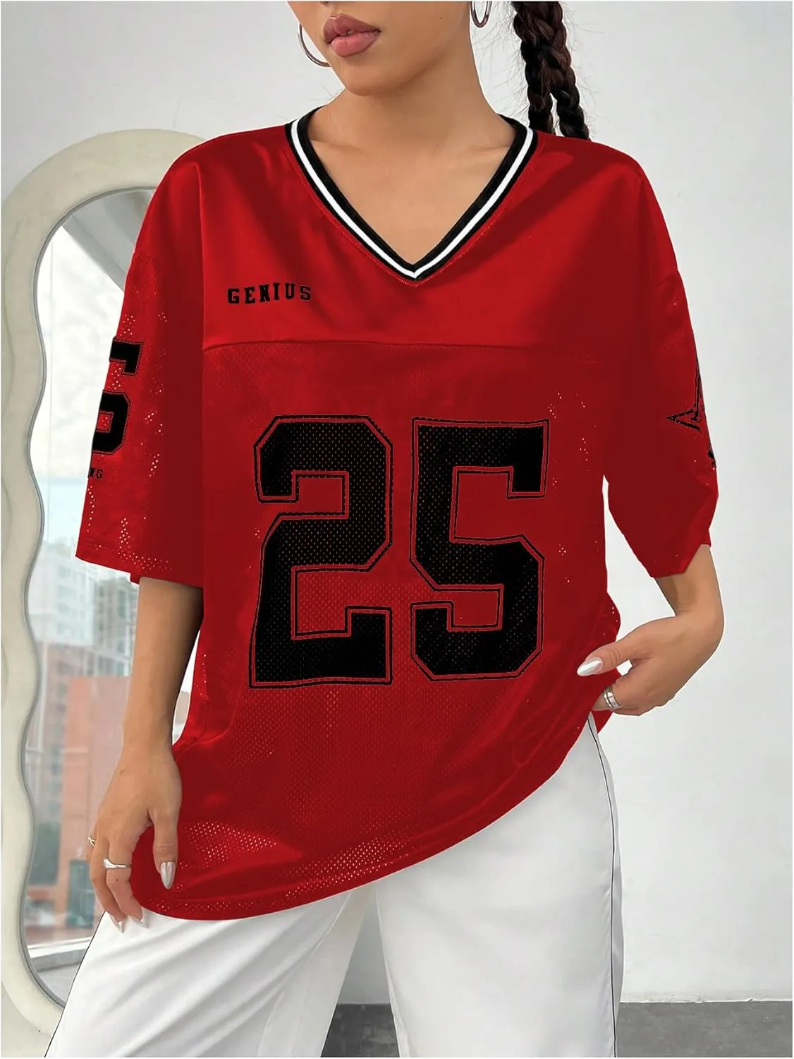 Verdusa Women's Jersey Shirts Graphic Tees Oversized Streetwear Letter Print T Shirt V Neck Tee Top