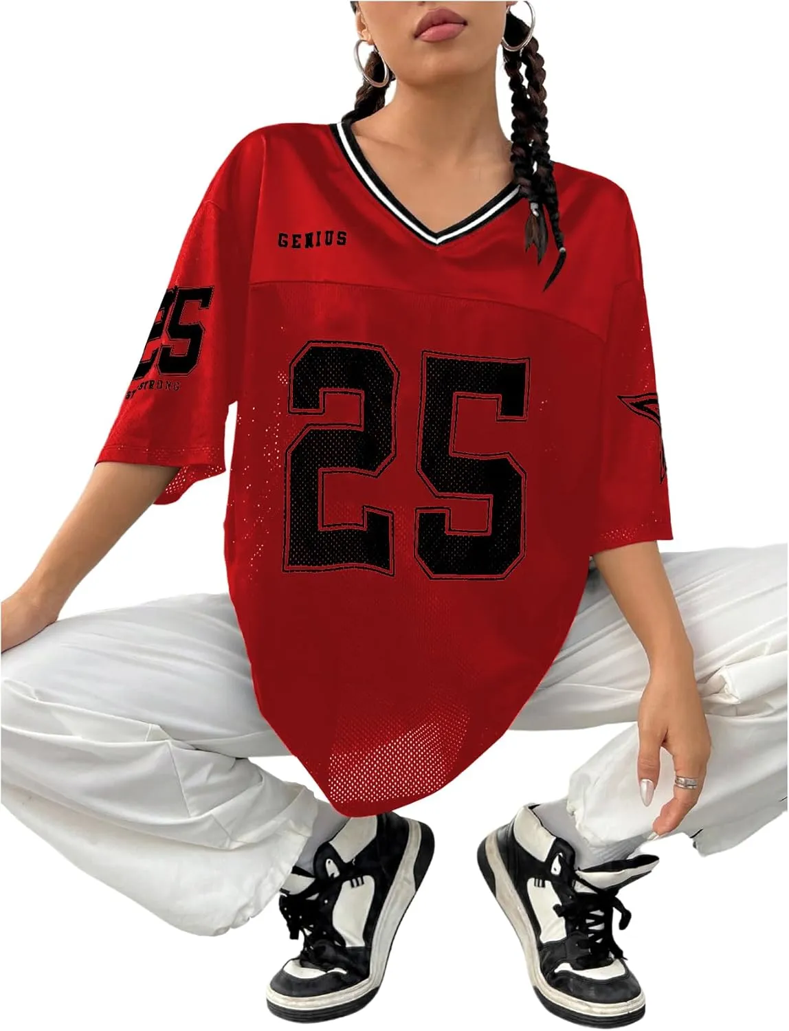 Verdusa Women's Jersey Shirts Graphic Tees Oversized Streetwear Letter Print T Shirt V Neck Tee Top