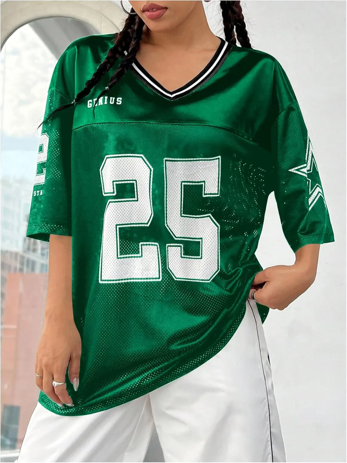 Verdusa Women's Jersey Shirts Graphic Tees Oversized Streetwear Letter Print T Shirt V Neck Tee Top