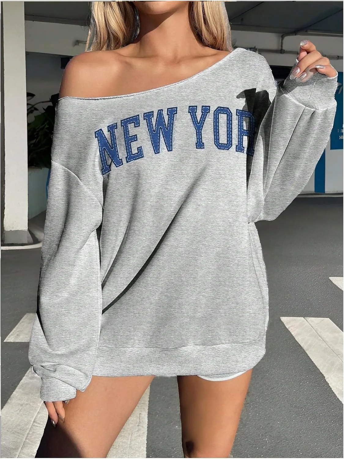 Verdusa Women's Letter Graphic Off The Shoulder T Shirts Long Sleeve Loose Sweatshirt Tee Tops