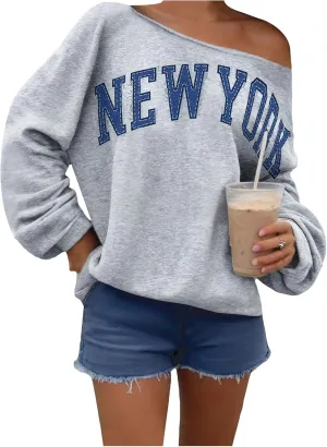 Verdusa Women's Letter Graphic Off The Shoulder T Shirts Long Sleeve Loose Sweatshirt Tee Tops