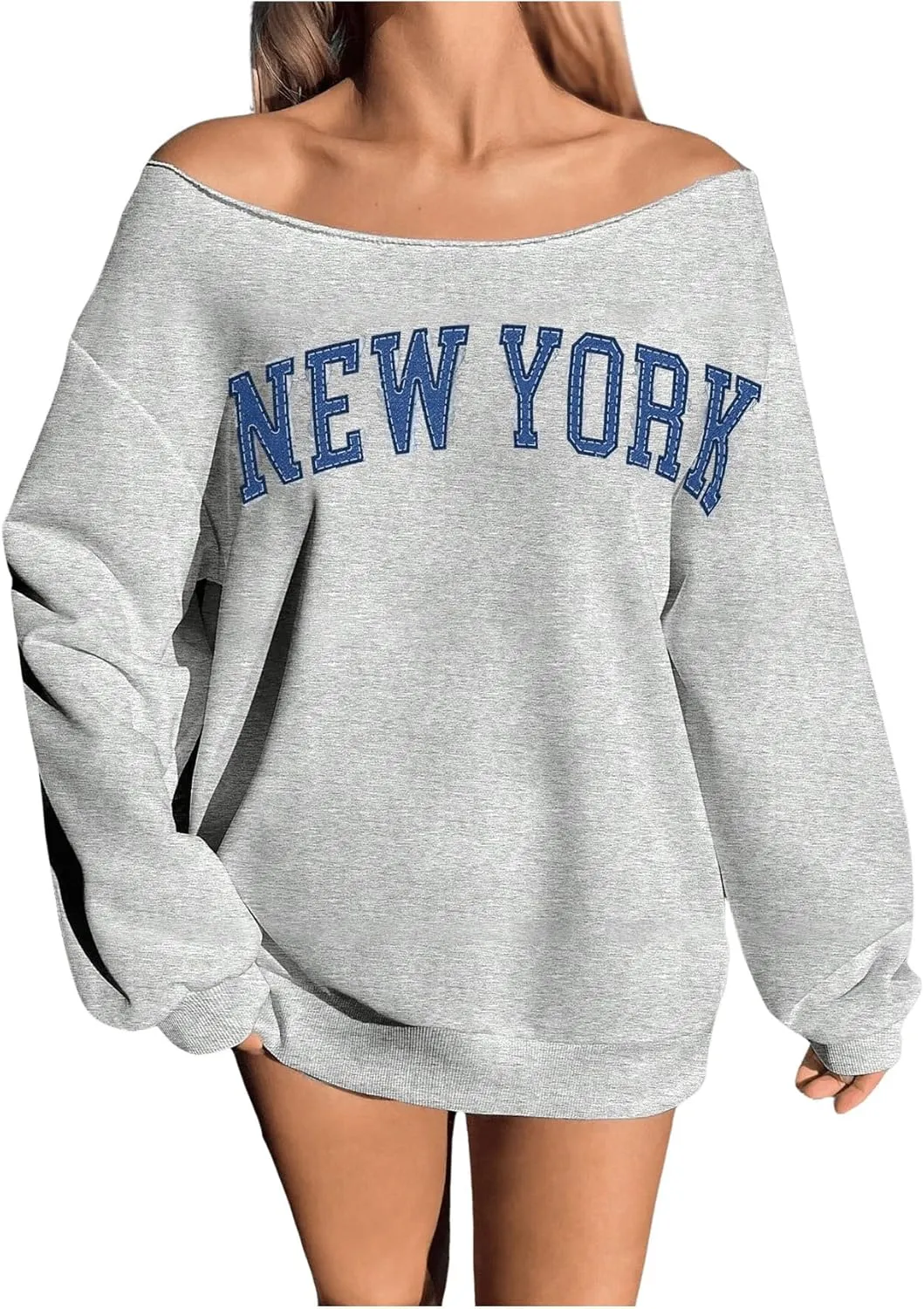 Verdusa Women's Letter Graphic Off The Shoulder T Shirts Long Sleeve Loose Sweatshirt Tee Tops