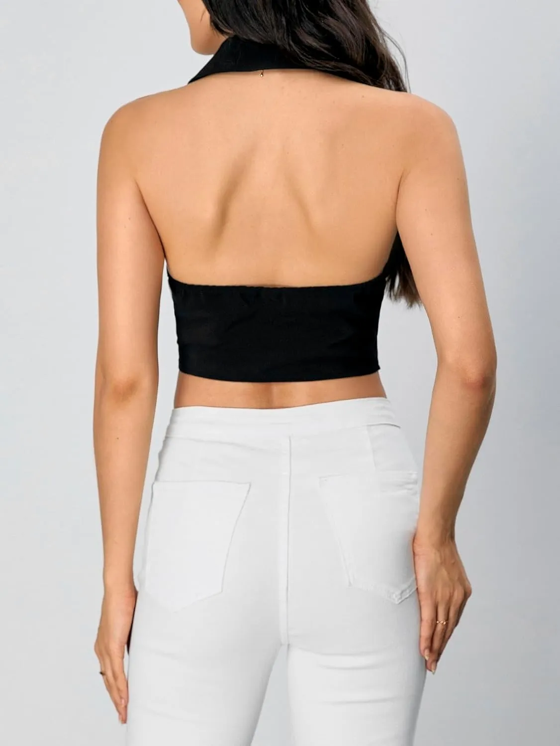 Verdusa Women's Notch Neck Backless Asymmetrical Hem Button Front Crop Blazer Vests