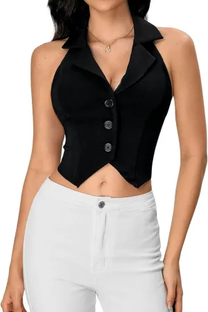 Verdusa Women's Notch Neck Backless Asymmetrical Hem Button Front Crop Blazer Vests