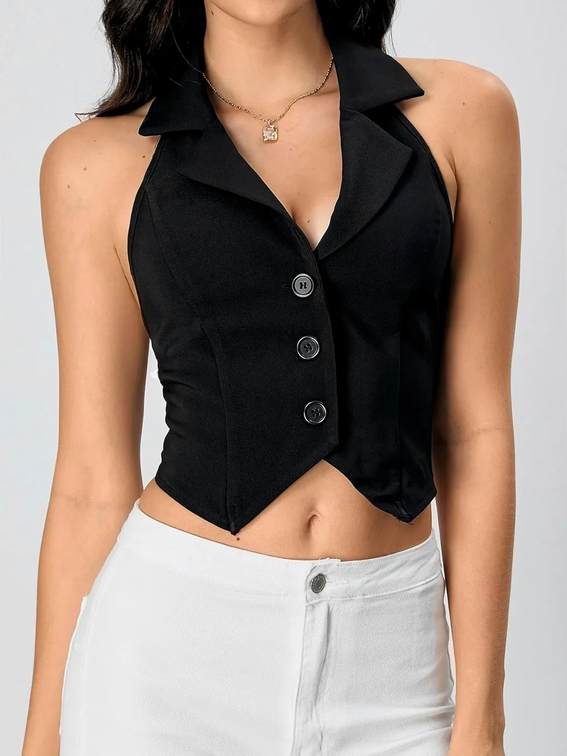 Verdusa Women's Notch Neck Backless Asymmetrical Hem Button Front Crop Blazer Vests