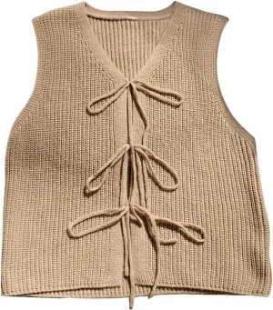 Verdusa Women's Plus Size Bow Tie Front Sweater Vests Sleeveless V Neck Knitted Cardigan Outwear