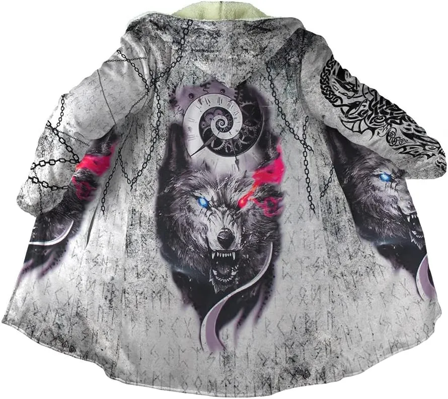 Viking Winter Mens Cloak Coat Night Wolf Tattoo 3D Full Printing Fleece Hooded Unisex Warm Jacket Cape(US Size)