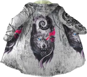 Viking Winter Mens Cloak Coat Night Wolf Tattoo 3D Full Printing Fleece Hooded Unisex Warm Jacket Cape(US Size)