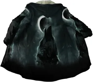 Viking Winter Mens Cloak Coat Night Wolf Tattoo 3D Full Printing Fleece Hooded Unisex Warm Jacket Cape(US Size)