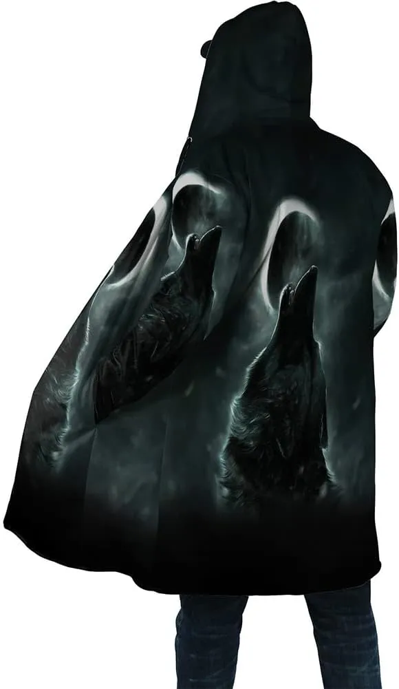 Viking Winter Mens Cloak Coat Night Wolf Tattoo 3D Full Printing Fleece Hooded Unisex Warm Jacket Cape(US Size)