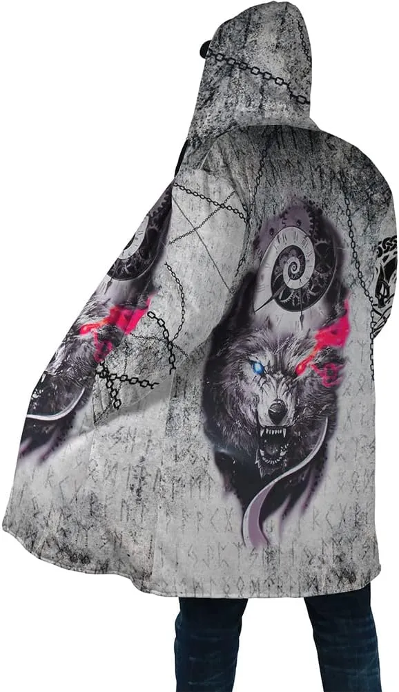 Viking Winter Mens Cloak Coat Night Wolf Tattoo 3D Full Printing Fleece Hooded Unisex Warm Jacket Cape(US Size)