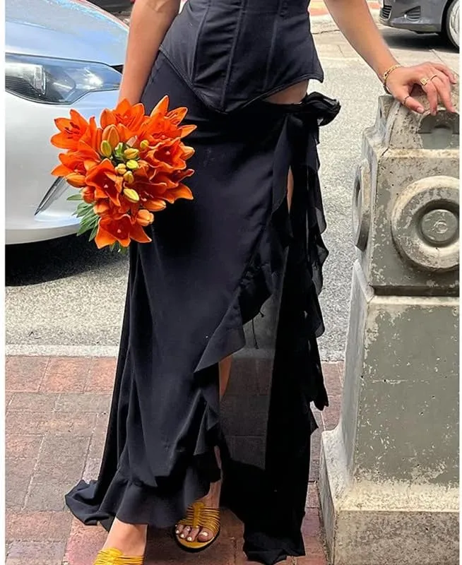 Vintage Grunge Long Skirts Low Waist Aesthetic Asymmetrical Loose Midi Skirts Patchwork A Line Pleated Y2K Maxi Skirts