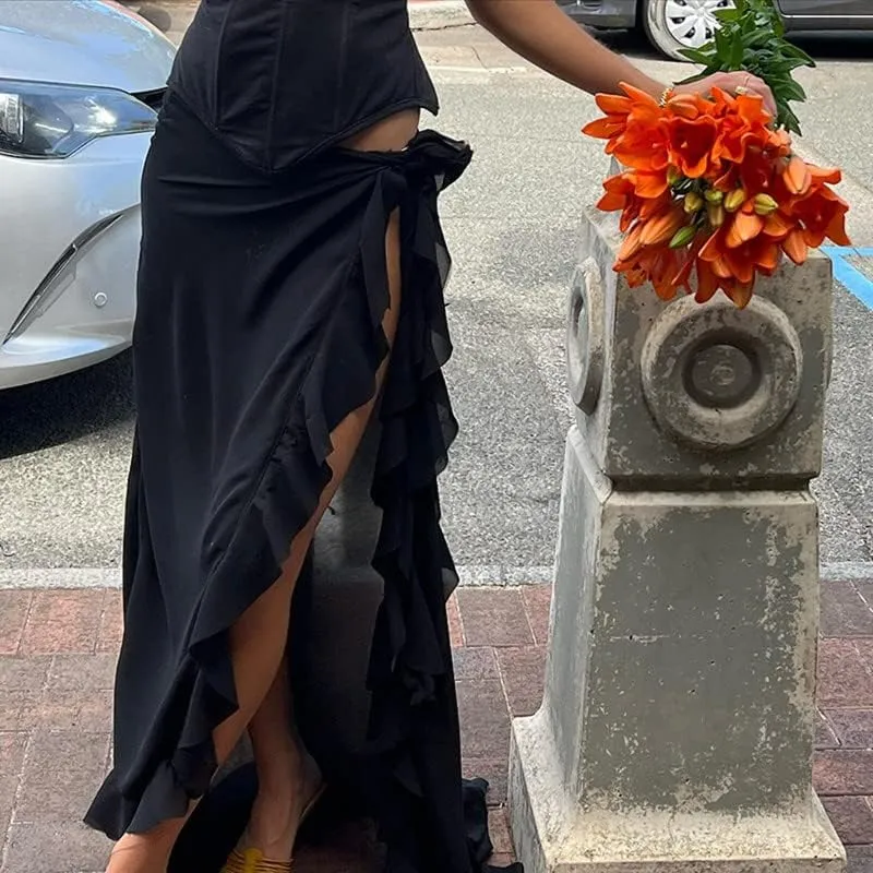 Vintage Grunge Long Skirts Low Waist Aesthetic Asymmetrical Loose Midi Skirts Patchwork A Line Pleated Y2K Maxi Skirts