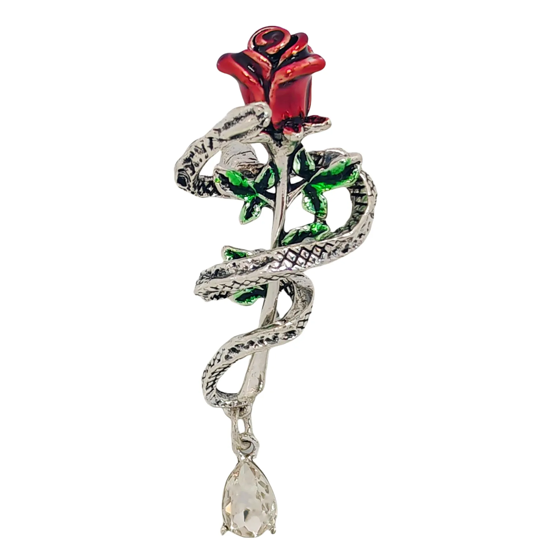 Vintage Silver Snake Wound Rose Brooch Pin, Unisex Jewelry