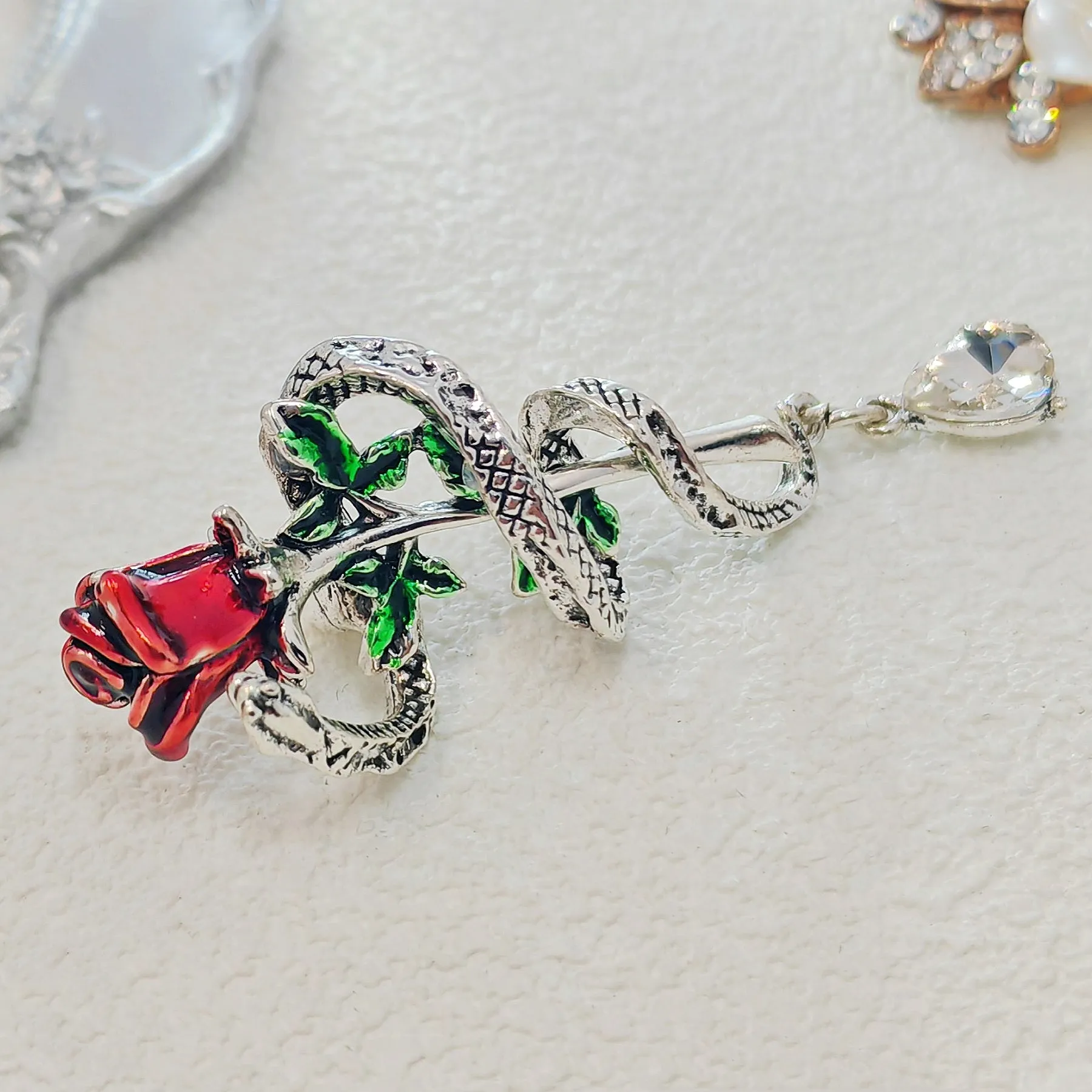 Vintage Silver Snake Wound Rose Brooch Pin, Unisex Jewelry
