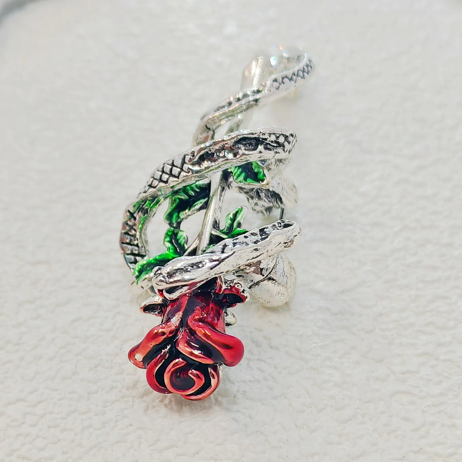 Vintage Silver Snake Wound Rose Brooch Pin, Unisex Jewelry