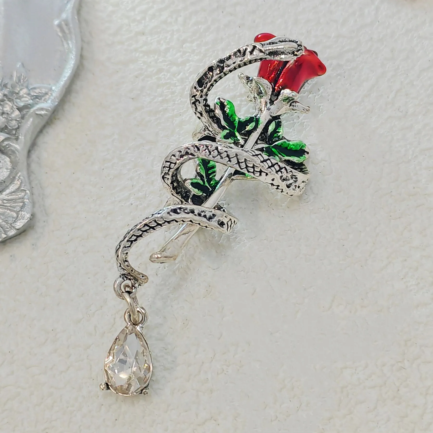 Vintage Silver Snake Wound Rose Brooch Pin, Unisex Jewelry