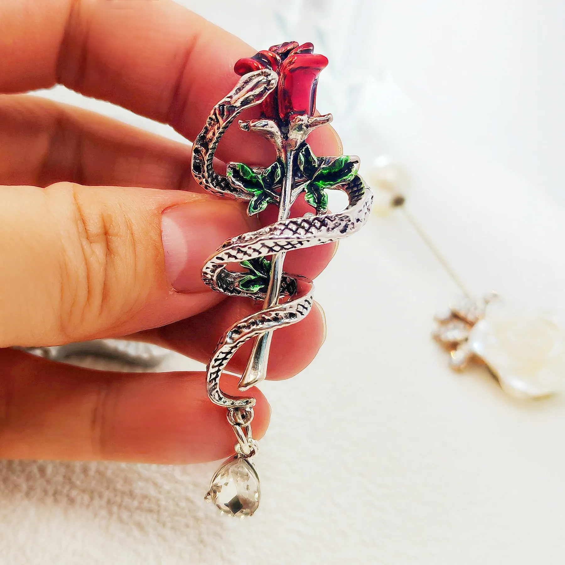 Vintage Silver Snake Wound Rose Brooch Pin, Unisex Jewelry