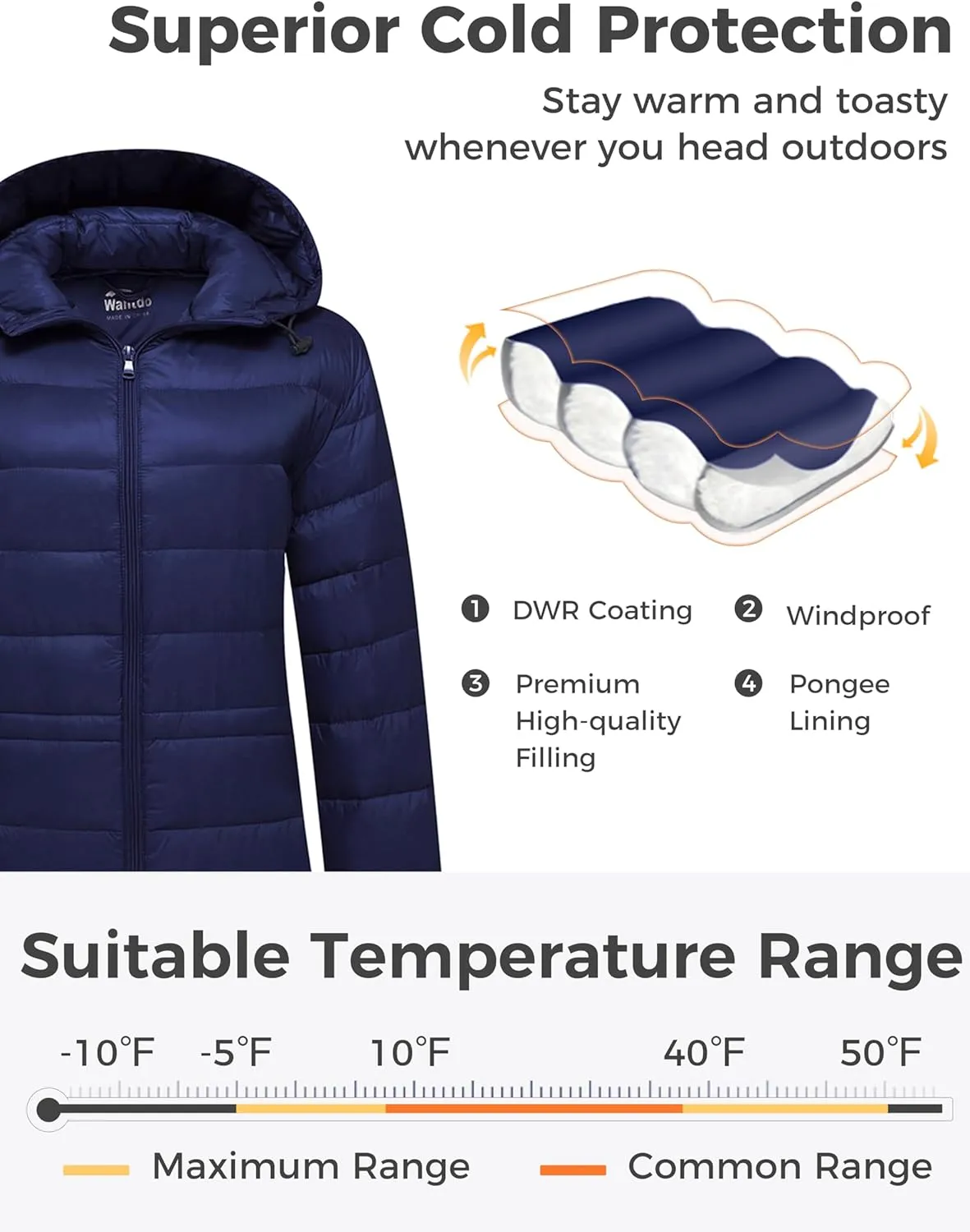 wantdo Women's Packable Puffer Coat Hooded Lightweight Long Winter Coats