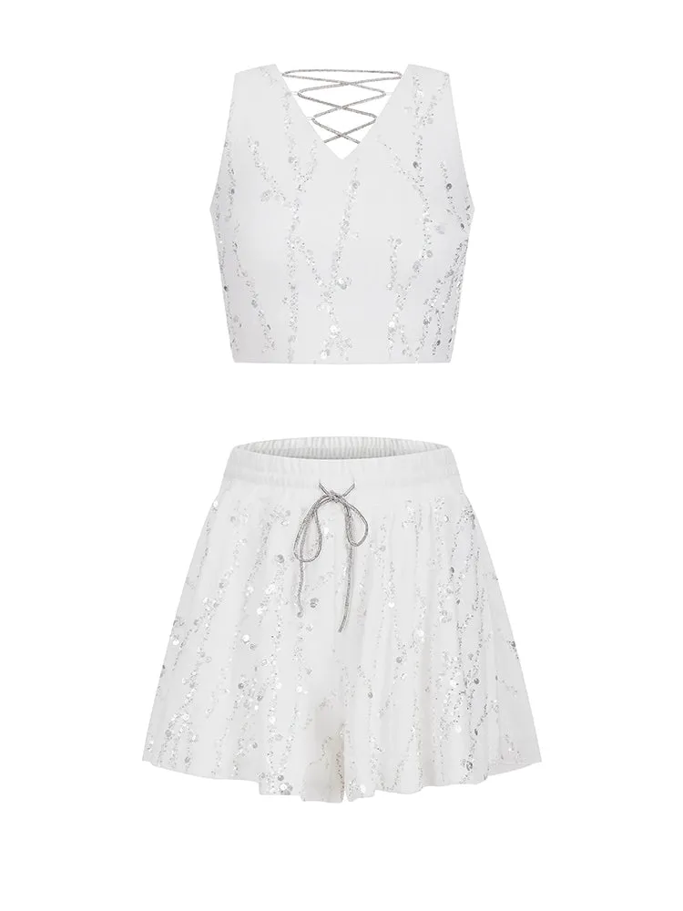 Wardrobes By Chen Luxury White Sleeveless V-Neck Vest/High Waist Shorts-Jade