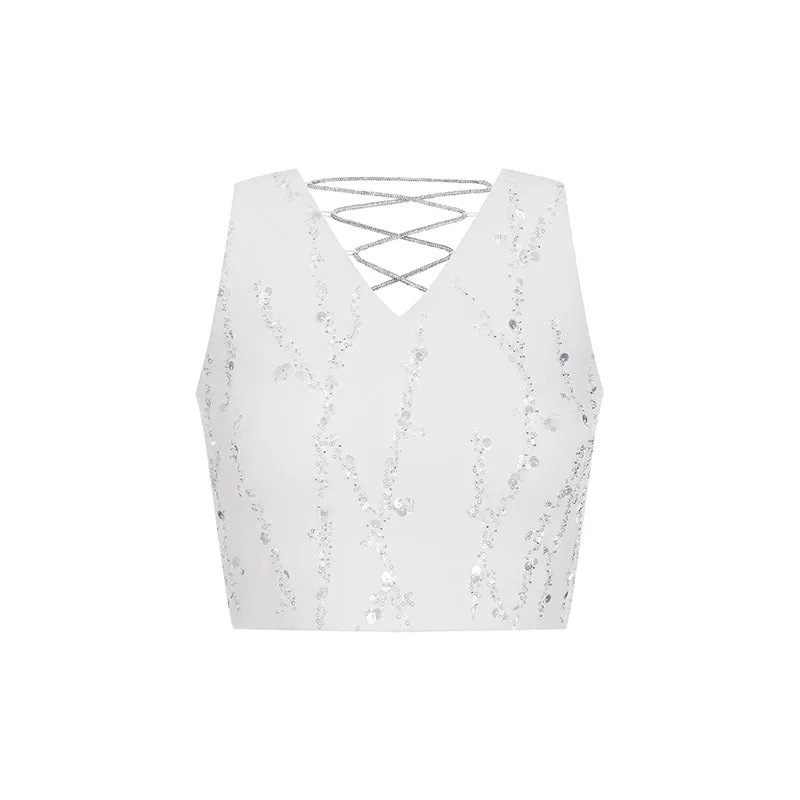 Wardrobes By Chen Luxury White Sleeveless V-Neck Vest/High Waist Shorts-Jade