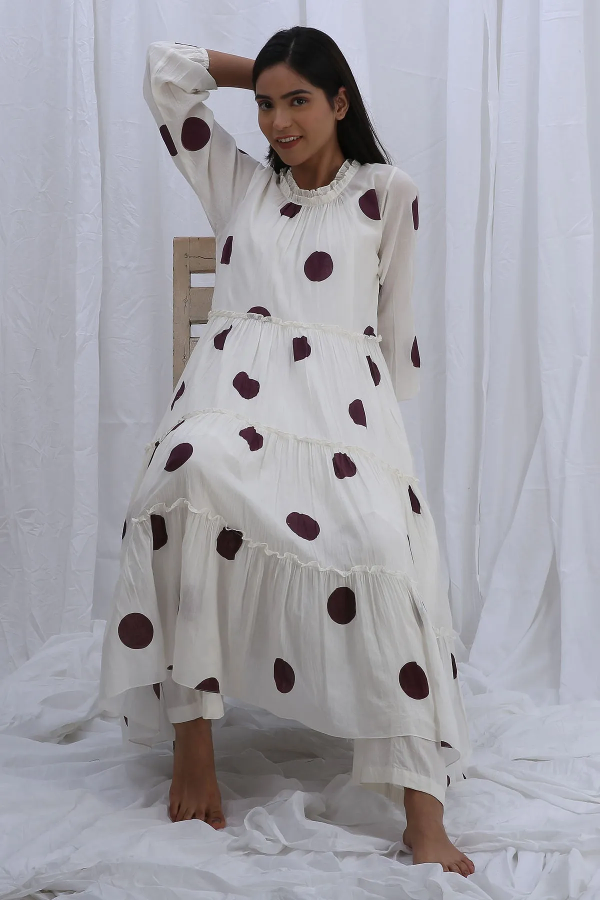 White Printed Frill Kurta Set