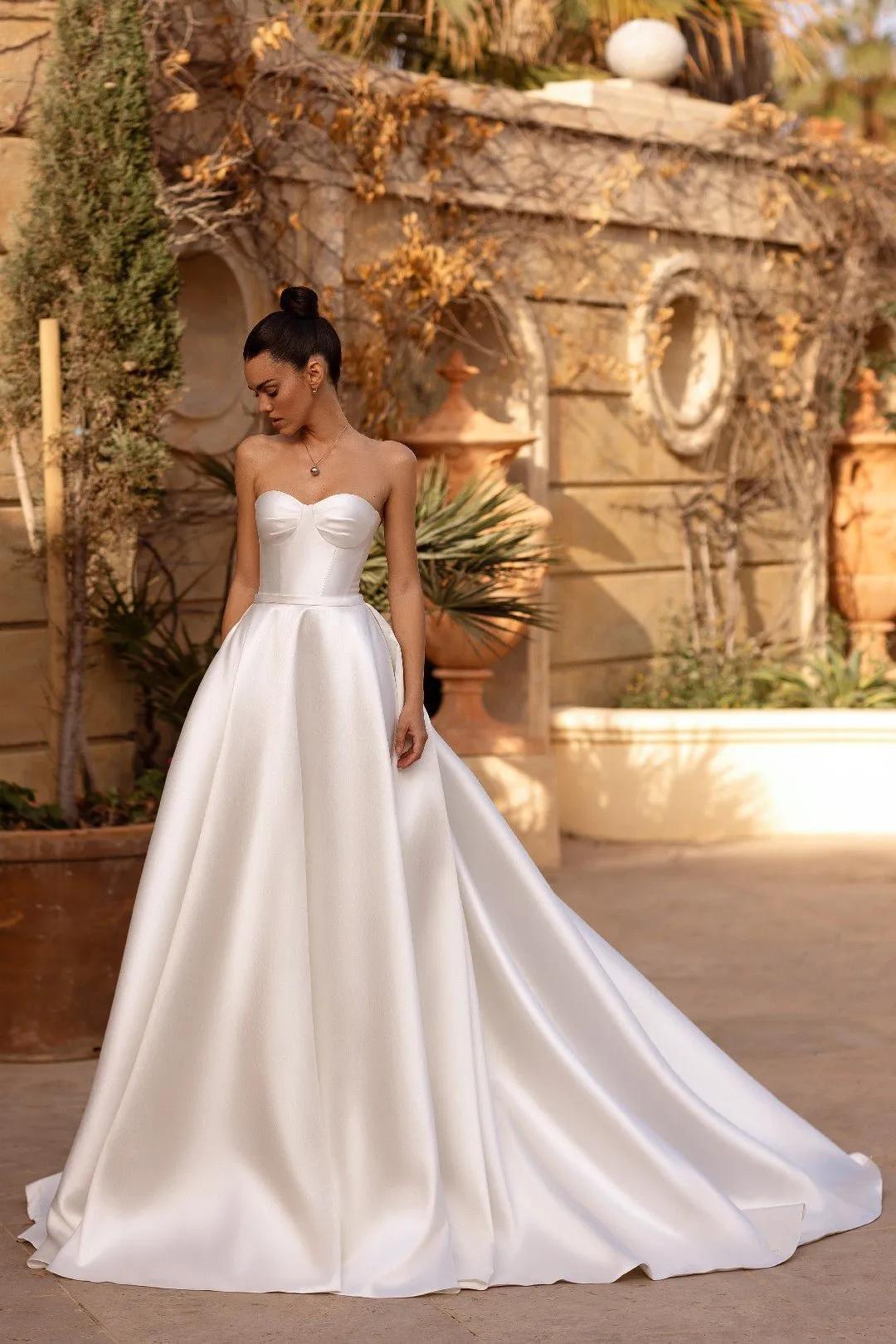 White Strapless Satin Ball Gown Wedding Dress with Floor-Length Train - Plus Size-Brigit