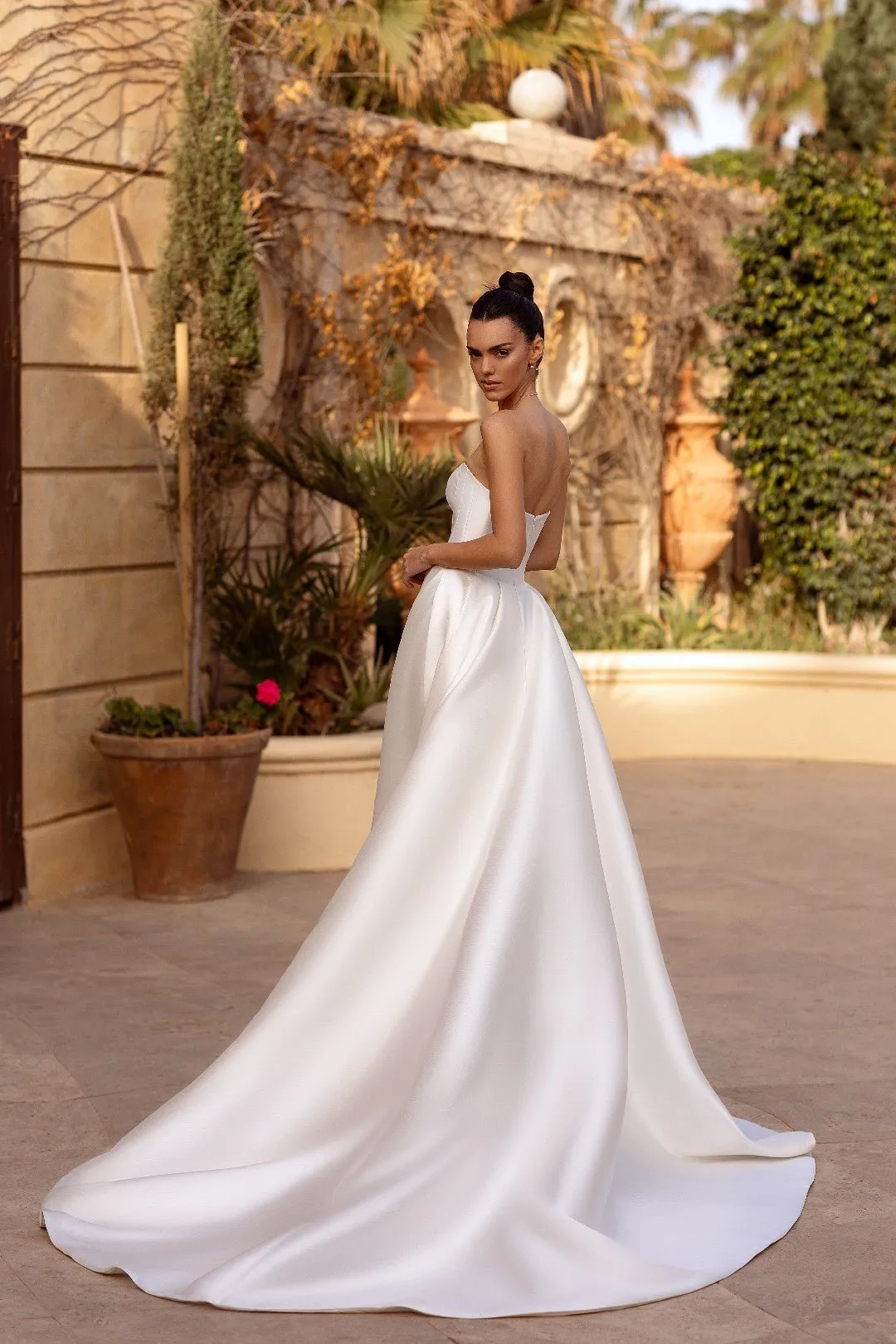 White Strapless Satin Ball Gown Wedding Dress with Floor-Length Train - Plus Size-Brigit