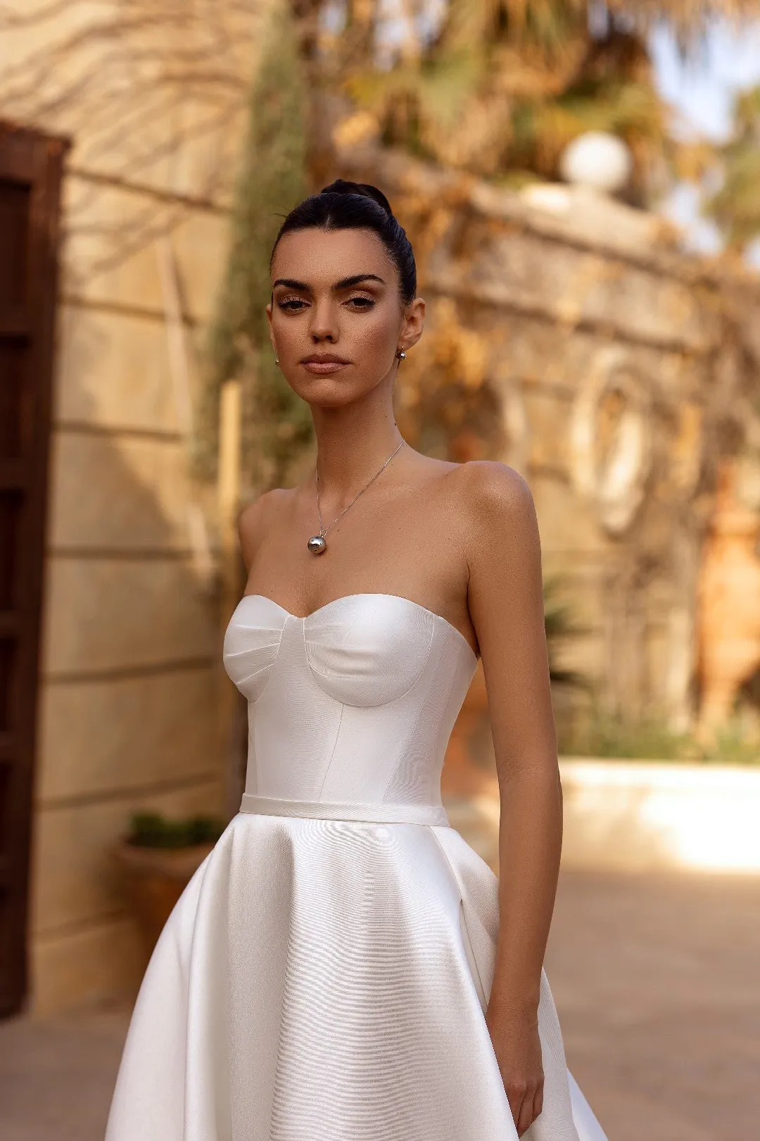 White Strapless Satin Ball Gown Wedding Dress with Floor-Length Train - Plus Size-Brigit