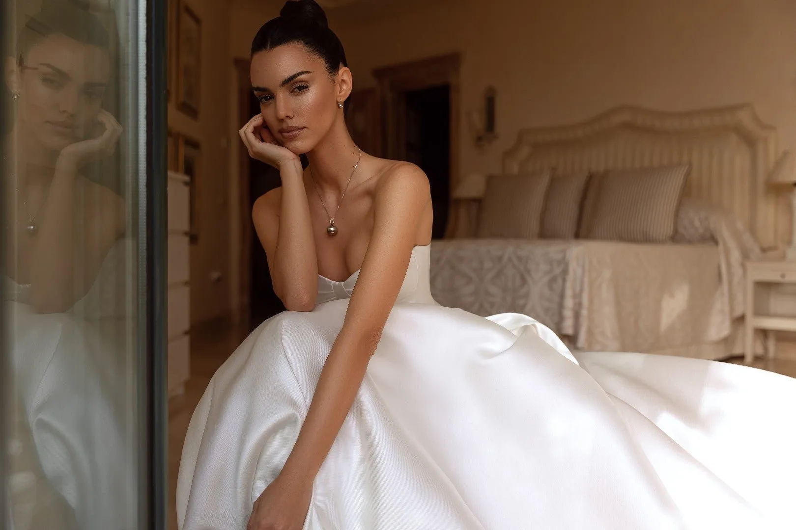 White Strapless Satin Ball Gown Wedding Dress with Floor-Length Train - Plus Size-Brigit