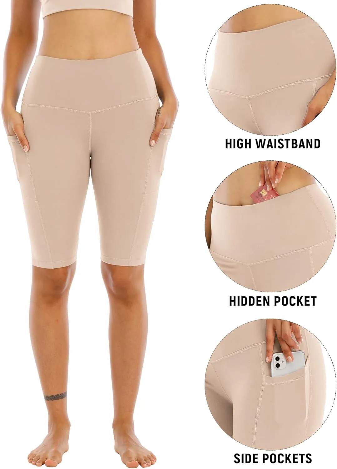 WHOUARE 4 Pack Biker Yoga Shorts with Pockets for Women,High Waisted Athletic Running Workout Gym Shorts Tummy Control