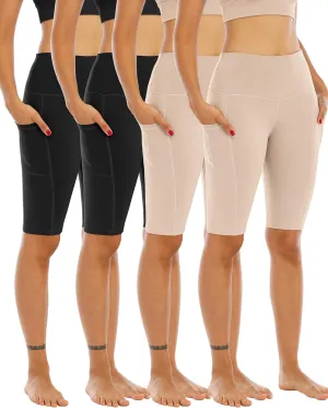 WHOUARE 4 Pack Biker Yoga Shorts with Pockets for Women,High Waisted Athletic Running Workout Gym Shorts Tummy Control