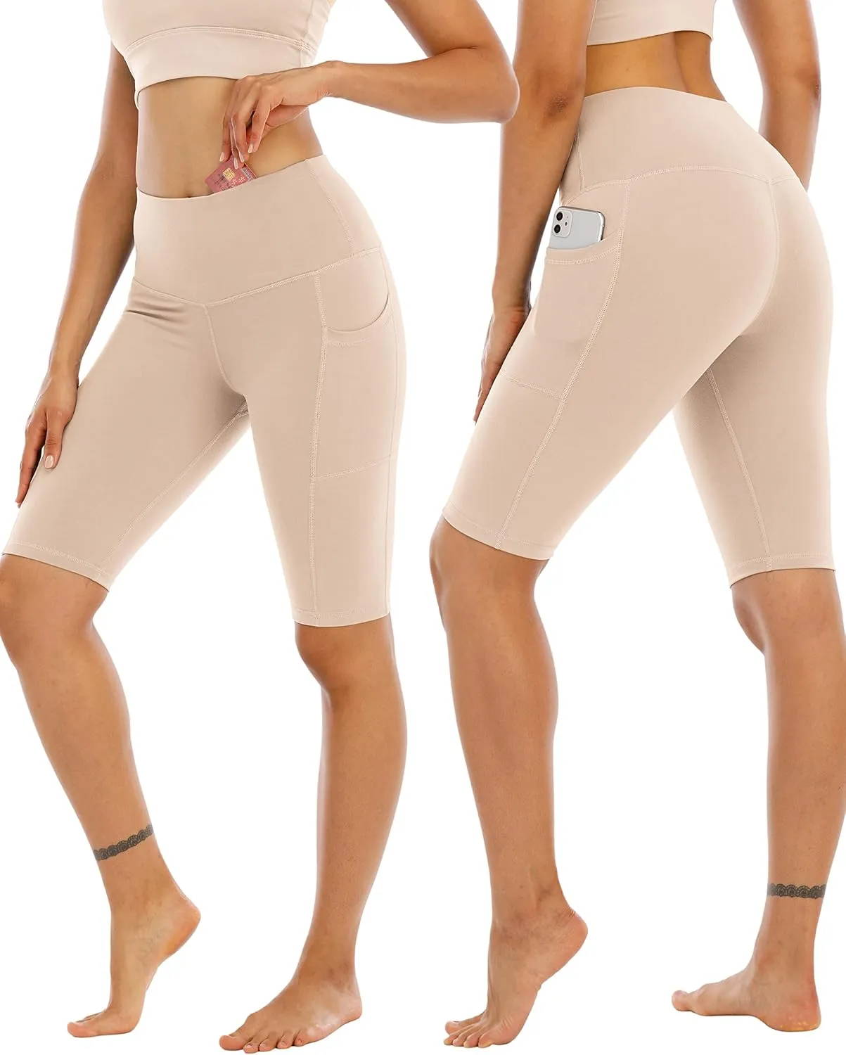 WHOUARE 4 Pack Biker Yoga Shorts with Pockets for Women,High Waisted Athletic Running Workout Gym Shorts Tummy Control