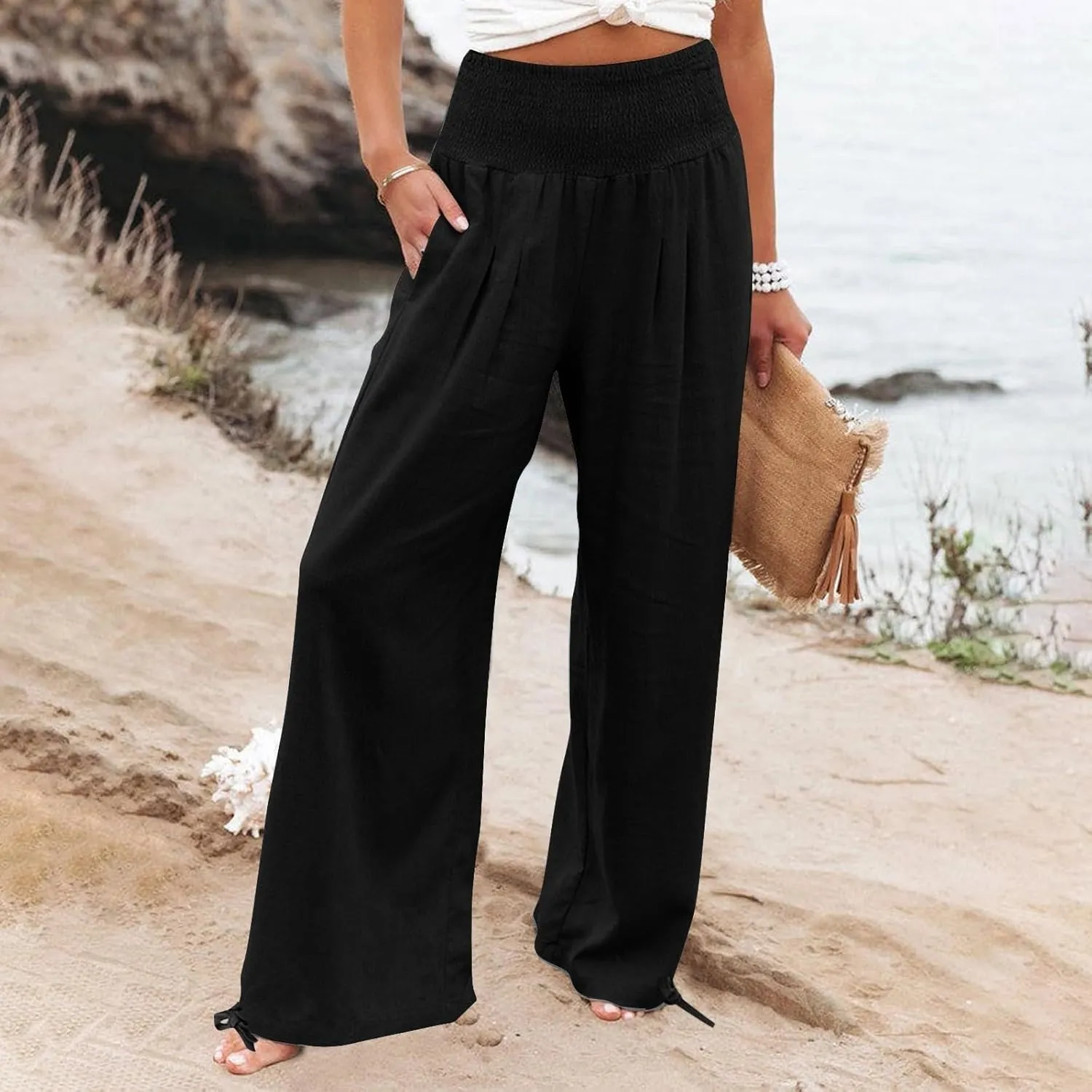 Wide Leg Linen Pants Women Summer High Waisted Boho Beach Flowy Pant Casual Vacation Outfits Elastic Lounge Trousers