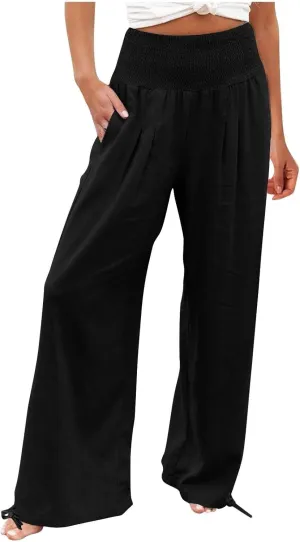 Wide Leg Linen Pants Women Summer High Waisted Boho Beach Flowy Pant Casual Vacation Outfits Elastic Lounge Trousers